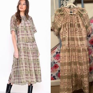 Glamorous Green Devore Check High Neck Short Sleeve Midi Dress NWT